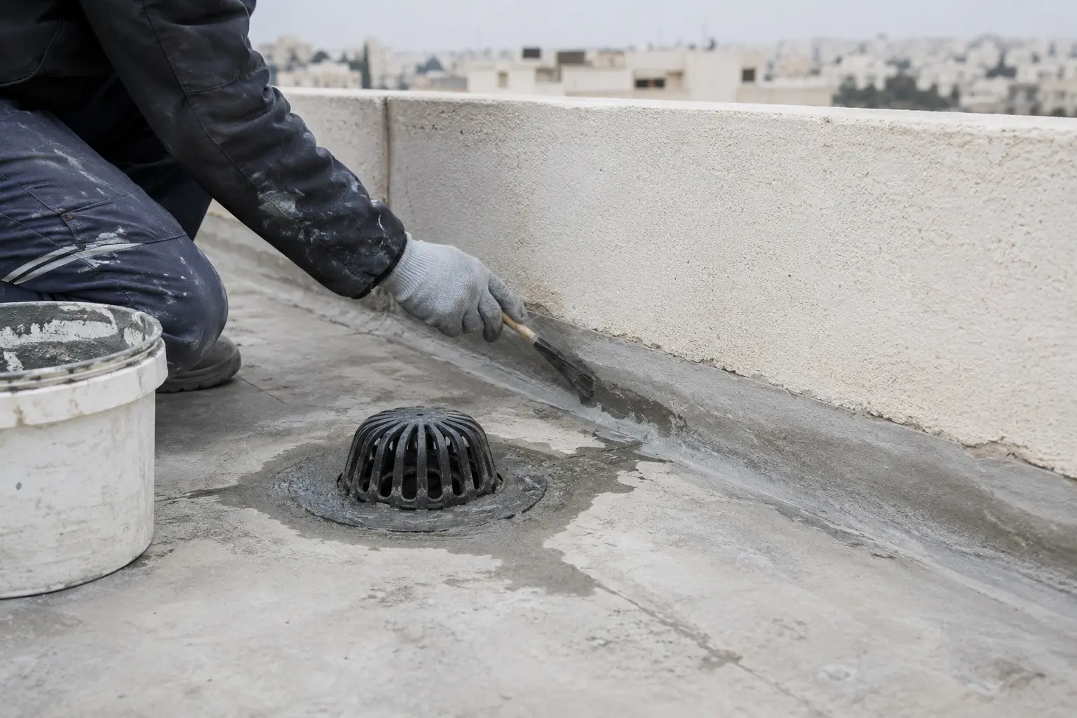 تجهيز مصرف مياه الأمطار وفواصل السطح قبل تطبيق العزل المائي